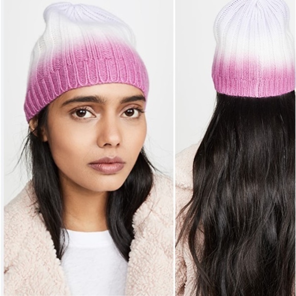 White + Warren Dip Dye Cashmere Beanie in Silver Lilac Combo NWT